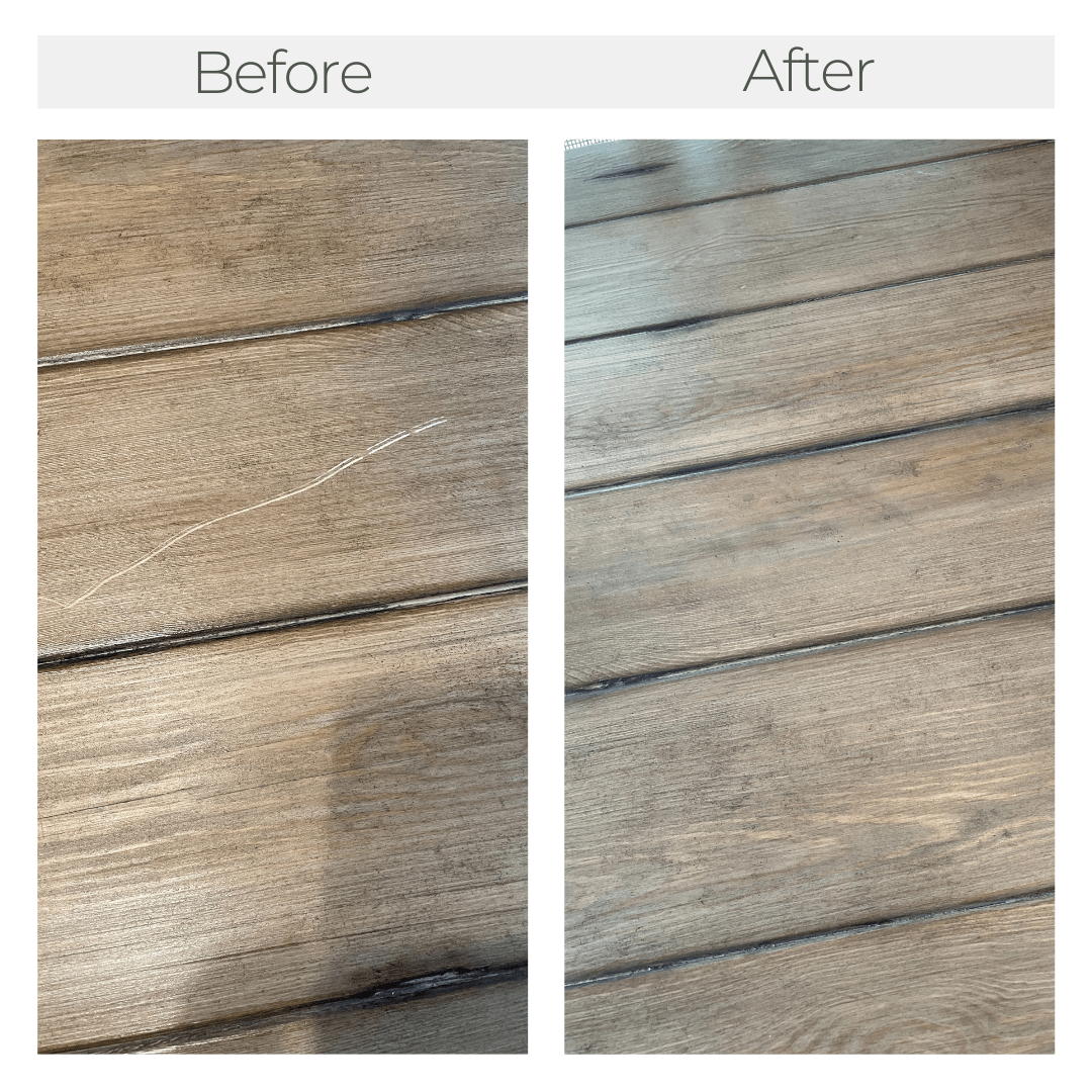 Two side by side photos showing a before and after of a table top with a scratch in the first photo and a repaired table top in the second.