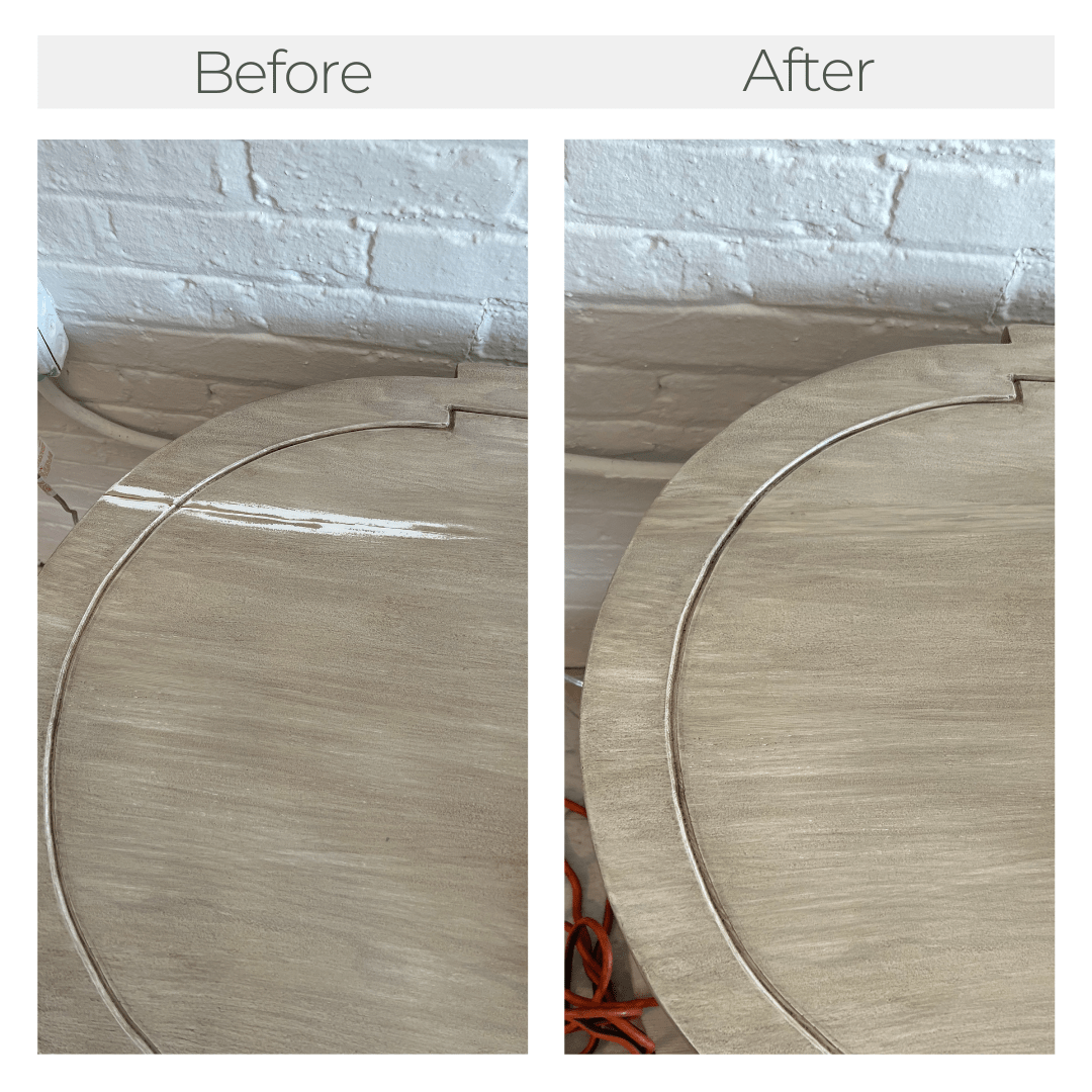 Two side by side photos showing a before and after of a table top with a scratched table top in the first photo and a repaired table in the second.