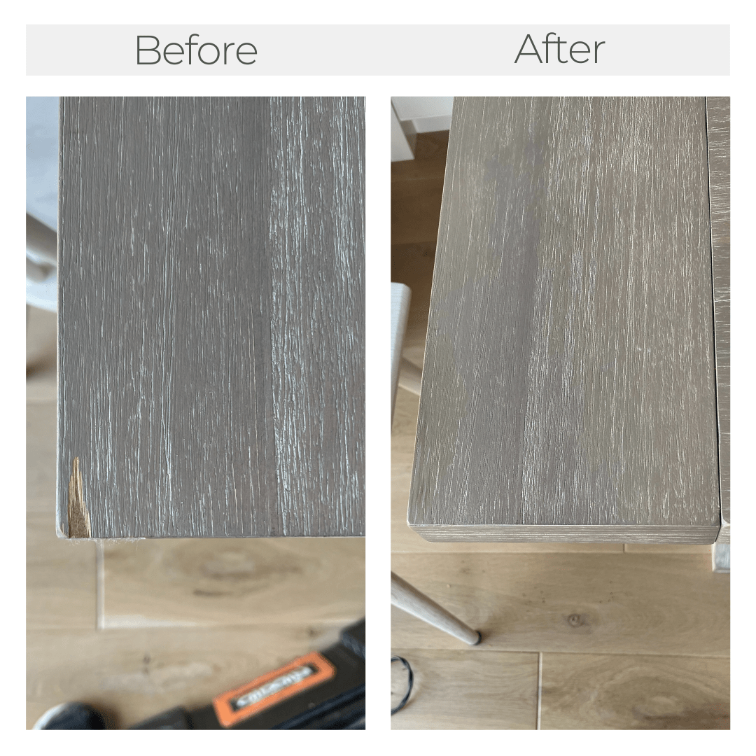 Two side by side photos showing a before and after of a table top with a chipped smashed corner in the first photo and a repaired corner in the second.